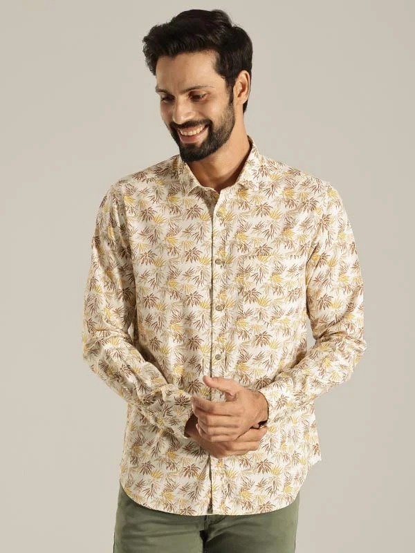 Indian Terrain Men's Slim Fit Full Sleeve All Over Print Beige Shirt